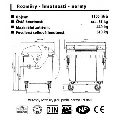 Plastový kontejner 1100 l na tříděný sběr, různé barvy