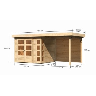 Dřevěný domek KARIBU KERKO 3 + přístavek 240 cm včetně zadní stěny (9185) natur LG2954